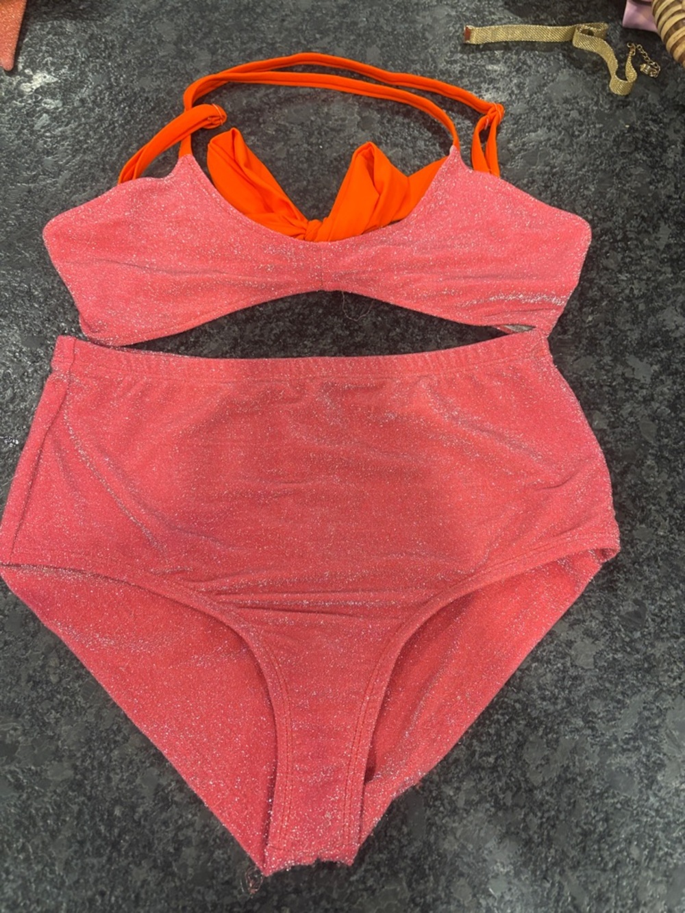 Free People Pink Glitter High-Waist Bikini with Orange Straps